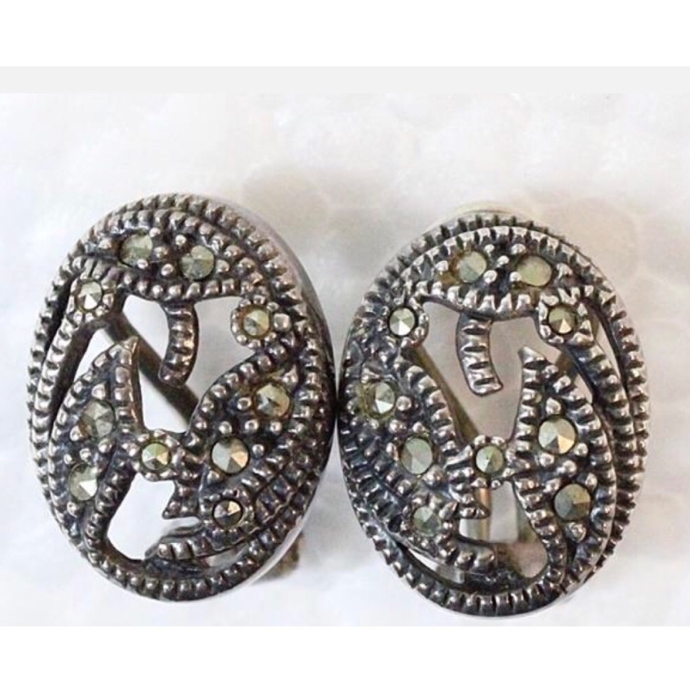 Judith Jack signed sterling silver marcasite omega earrings